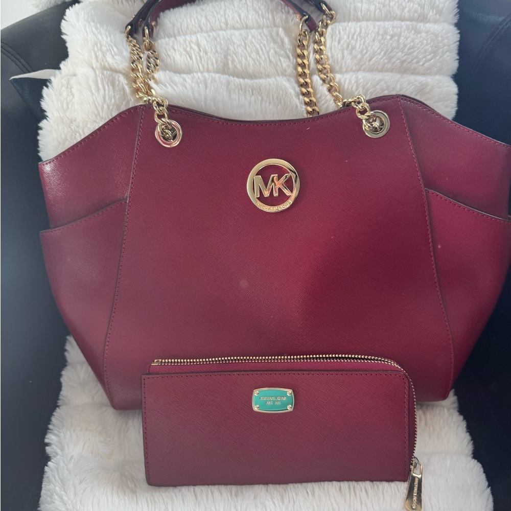 Michael Kors Burgundy Tote Bag and Wallet Set